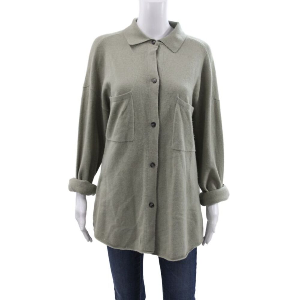 SWTR Womens Cardigan Sweater Green Merino Wool Collared Long Sleeve Size S